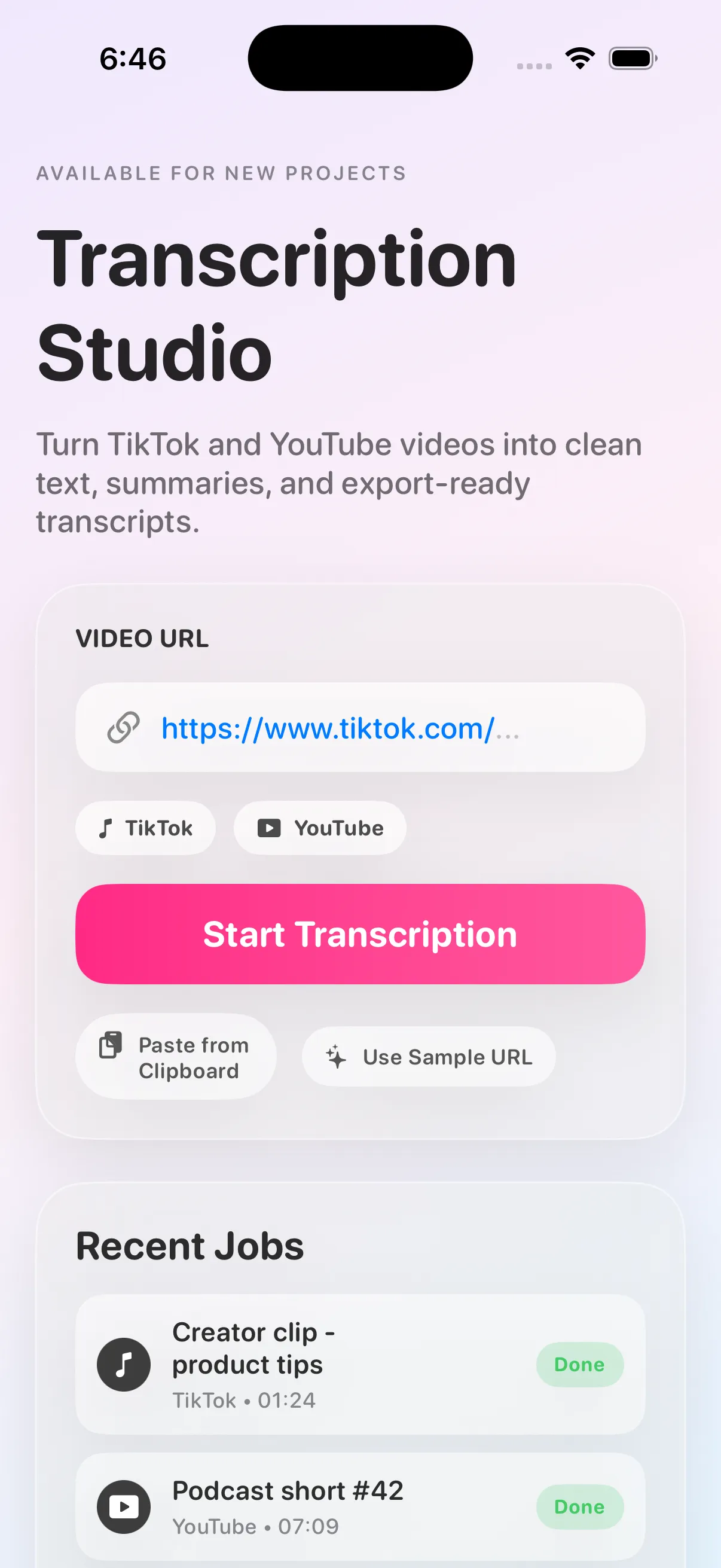 Transcription Studio — submit a link